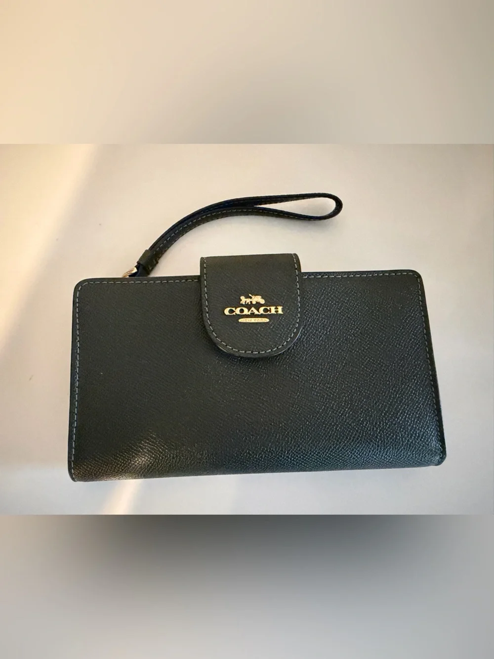 Coach Outlet: Dark Green Pebbled Leather Wristlet (Large)